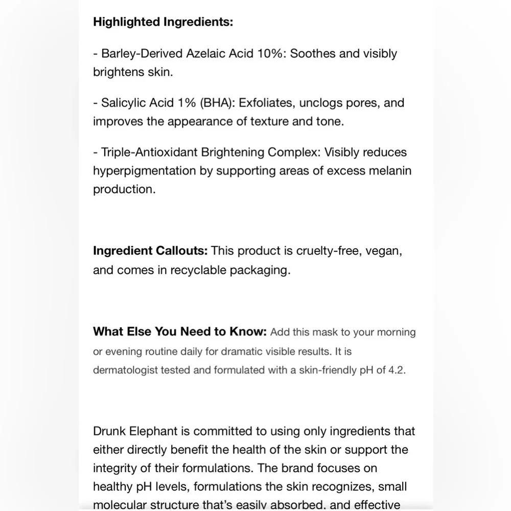 Drunk Elephant‎ Bouncy Brightfacial Brightening Mask with 10% Azelaic Acid +
